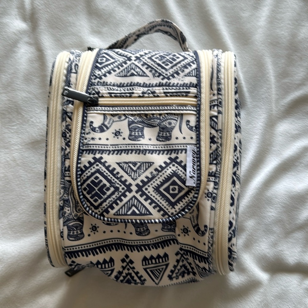 Bohemian Elephant Print Cosmetic Travel Bag in Cream and Navy Blue